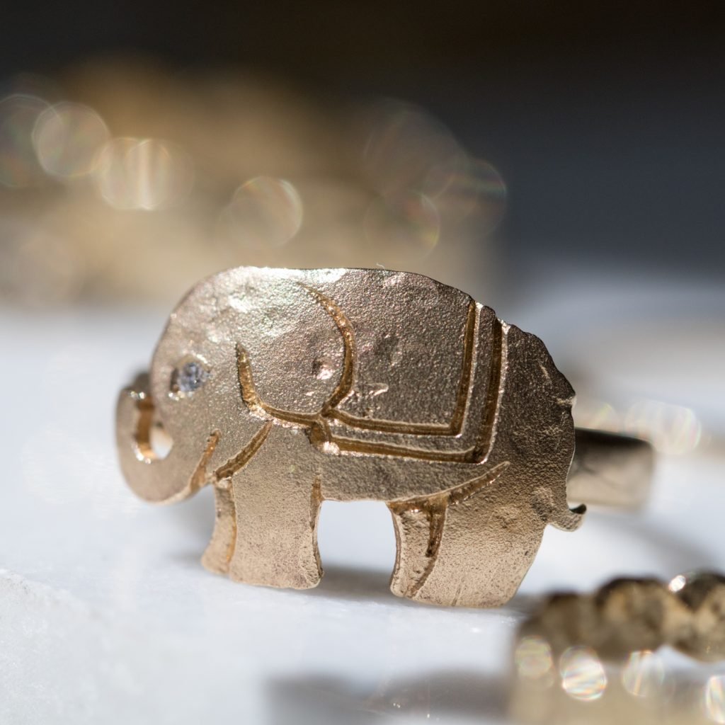 14K gold elephant ring with diamond eye by Victoria Cunningham