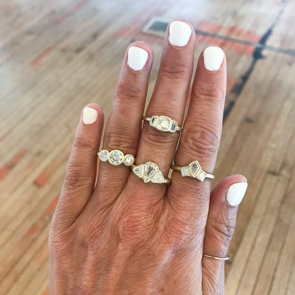 gold diamond rings by jewelry designer Rebecca Overmann