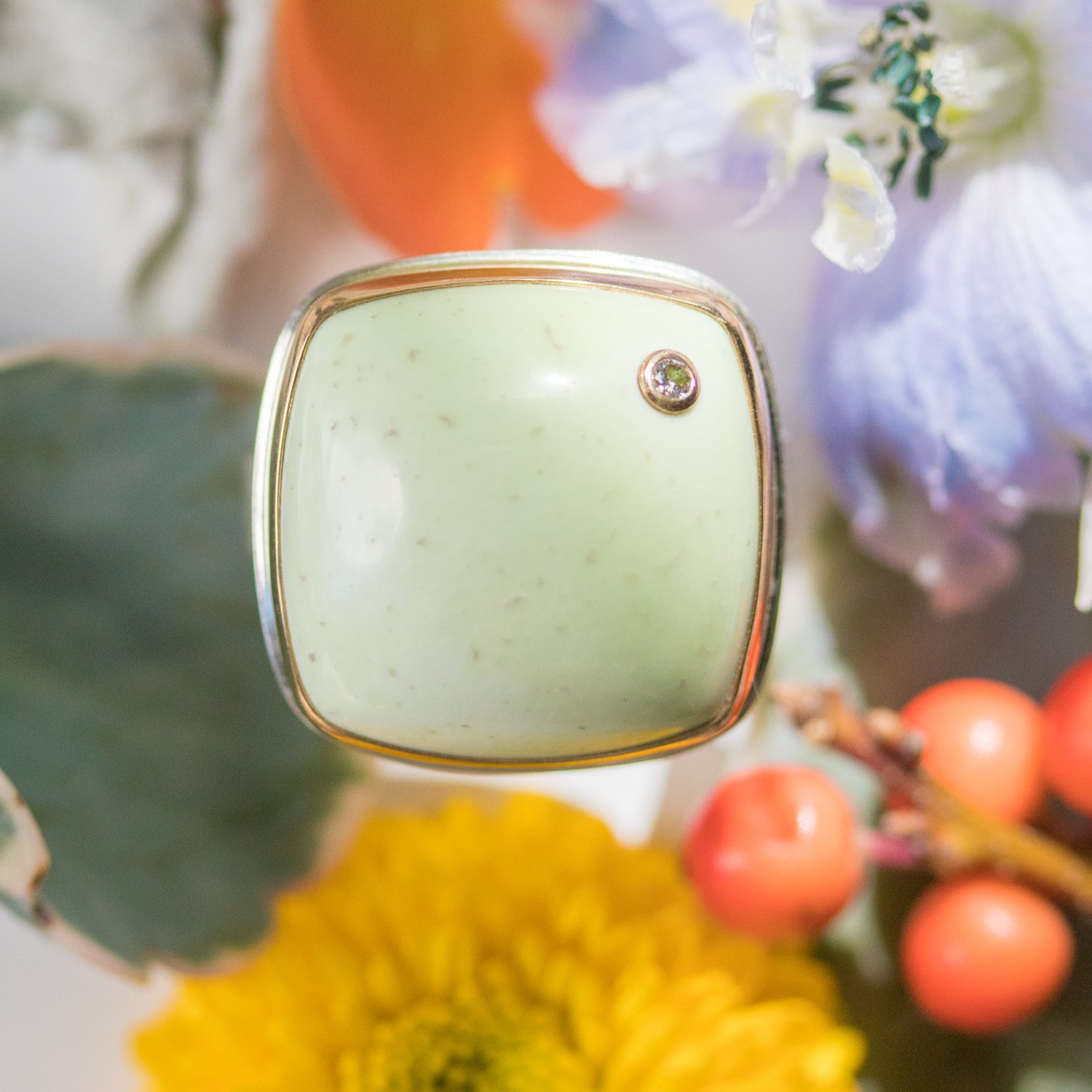 Pistachio chrysoprase with white diamond by jewelry designer Jamie Joseph at NEWTWIST