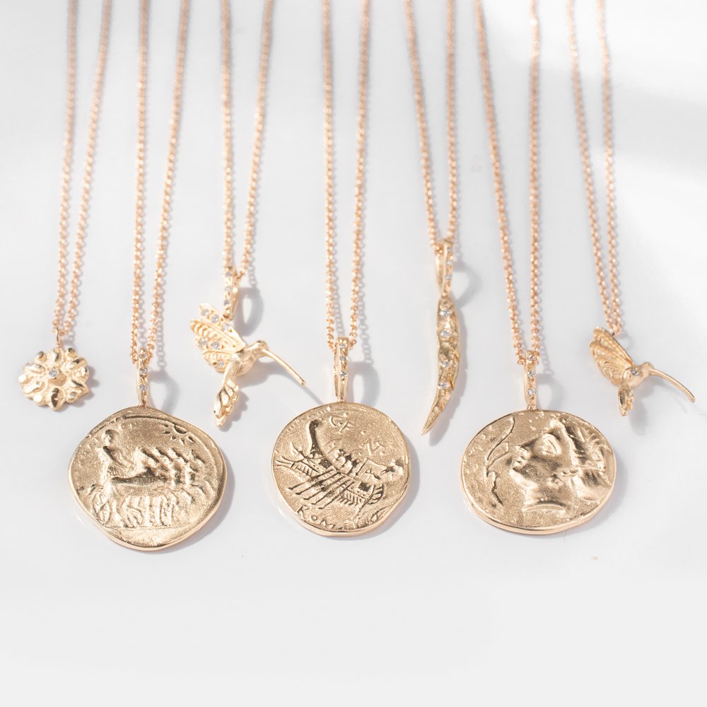 14K yellow gold coin artifact necklaces by jewelry designer Robin Haley