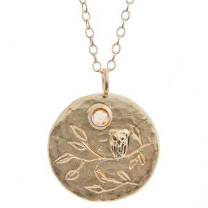 Victoria Cunningham: Necklace, Owl, Moon, Champagne Diamond .11ct, 14K Yellow Gold.