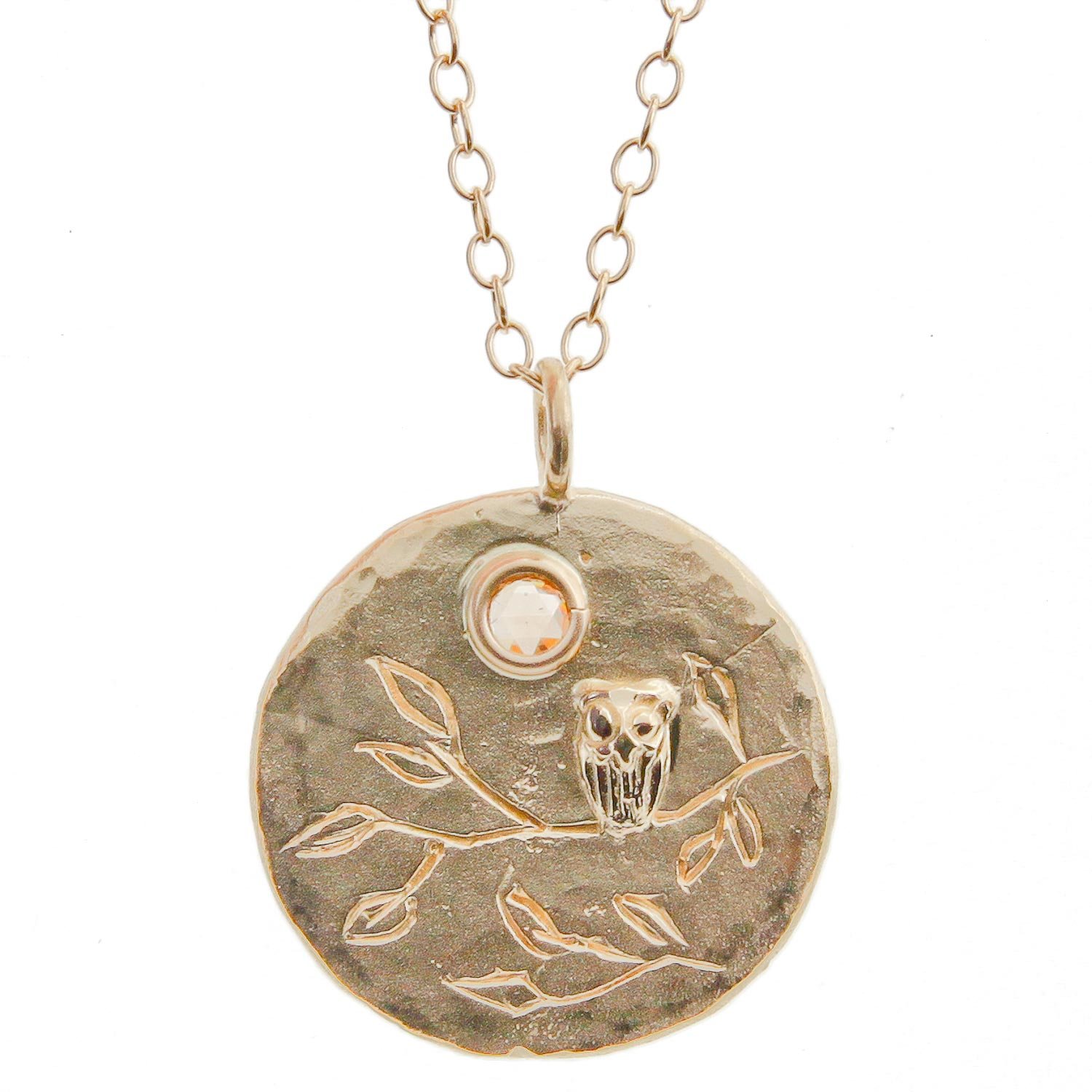 Victoria Cunningham: Necklace, Owl, Moon, Champagne Diamond .11ct, 14K Yellow Gold.