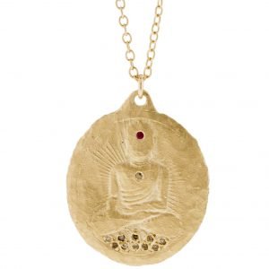 Victoria Cunningham: Necklace, Buddha, Ruby, Diamonds, 14K yellow gold.  Chain measures 18", Pendant measures 1" x 3/4" including bail