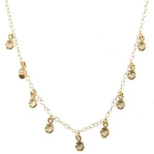 Victoria Cunningham: Necklace, Flakes, 9 Tiny Golden Flakes, 14K Yellow Gold.
