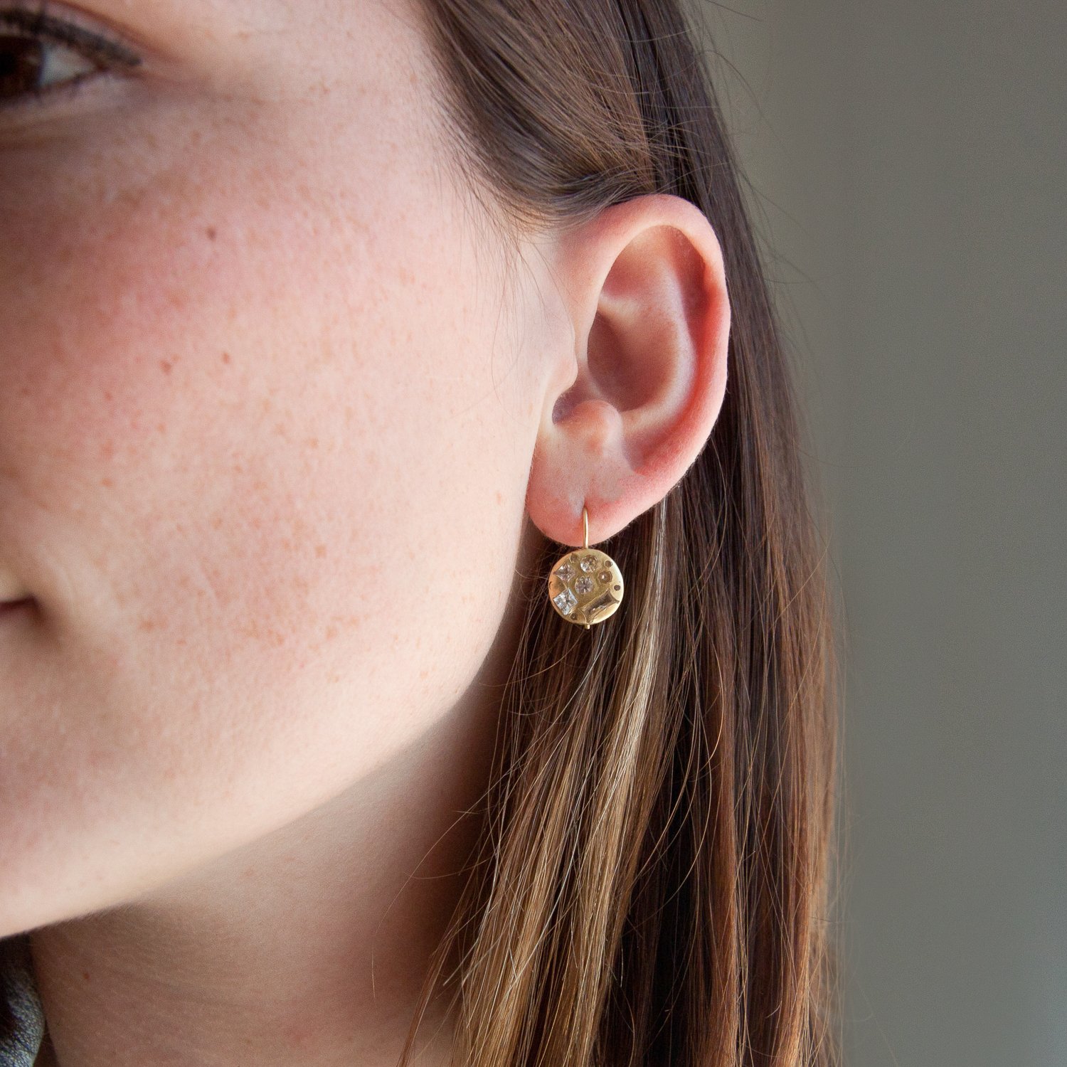 Polly Wales: Earrings, Large Disc, 18k gold, White sapphires