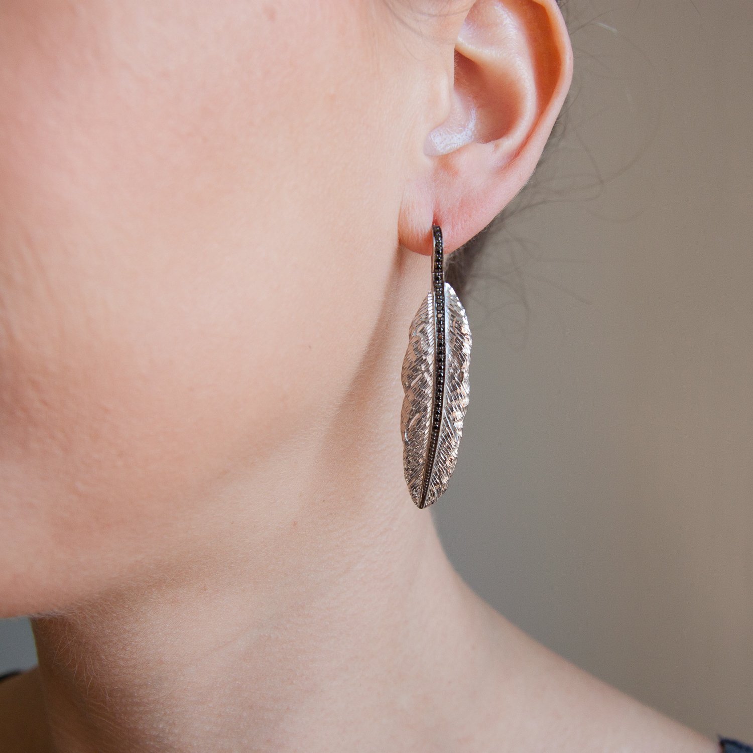 Michael Aram Jewelry: Feather medium drop earrings in sterling silver with black diamonds