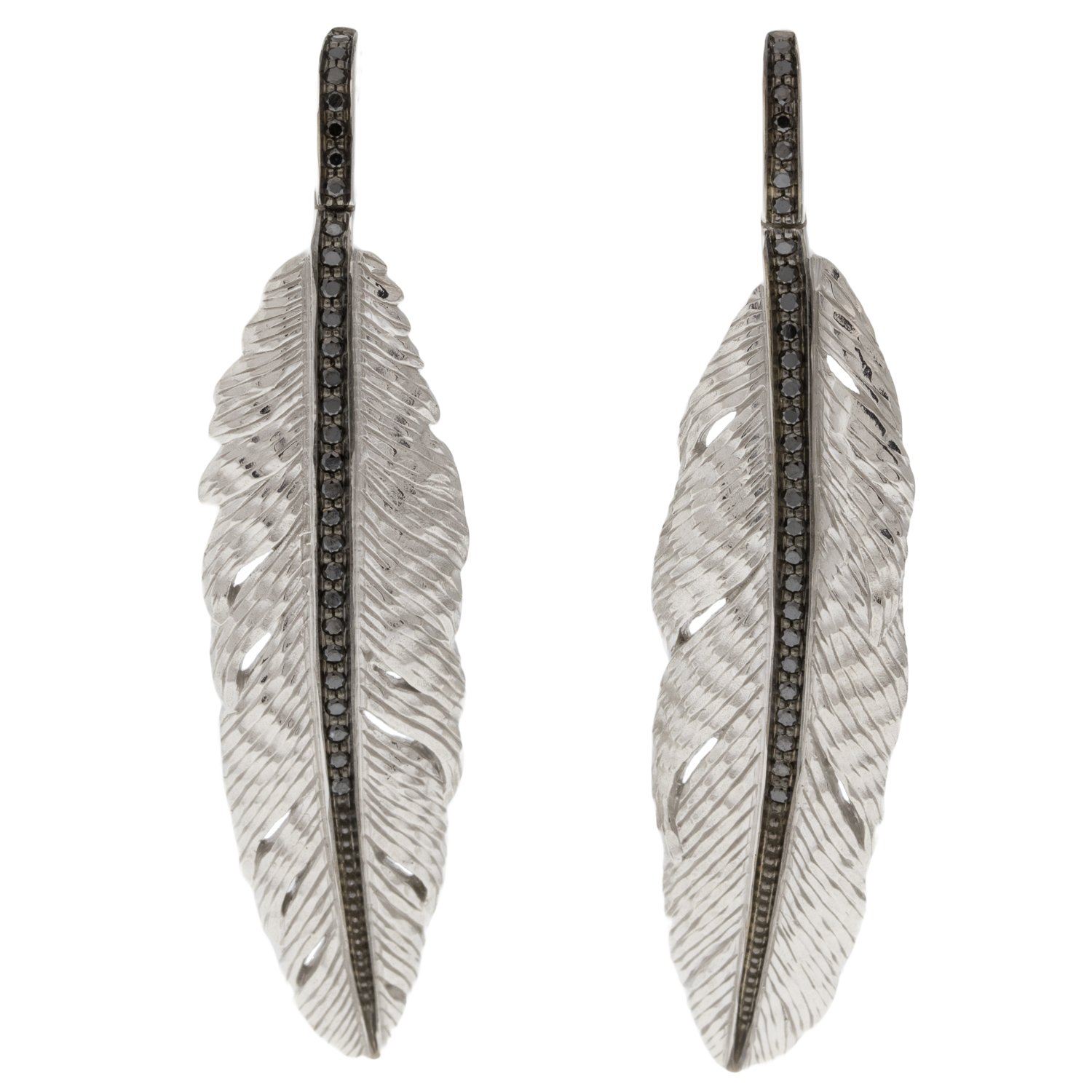 Michael Aram Jewelry: Feather medium drop earrings in sterling silver with black diamonds