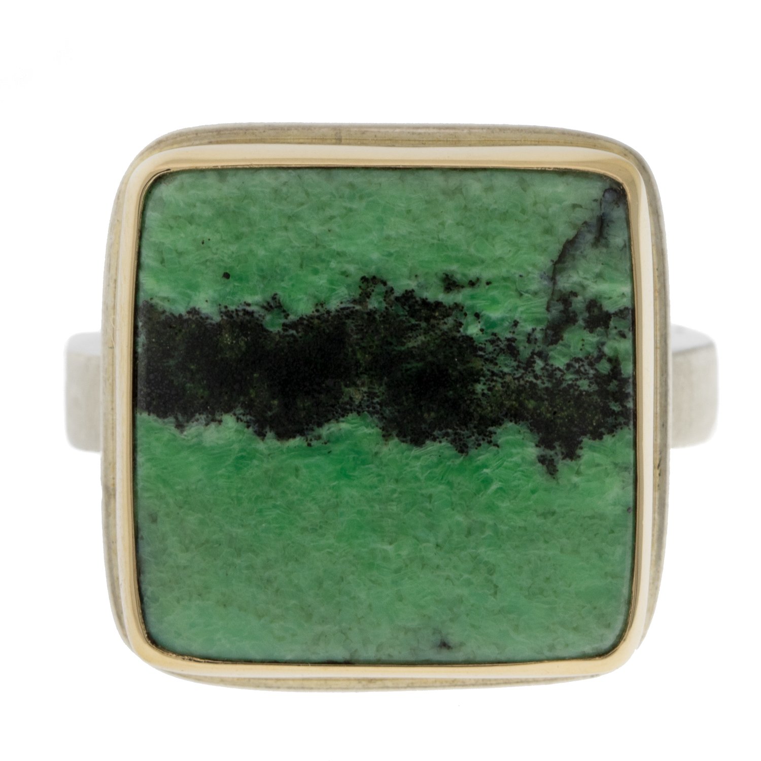 Jamie Joseph: SS & 14k Gold Ring w/ Square Smooth Grossular Garnet on X band