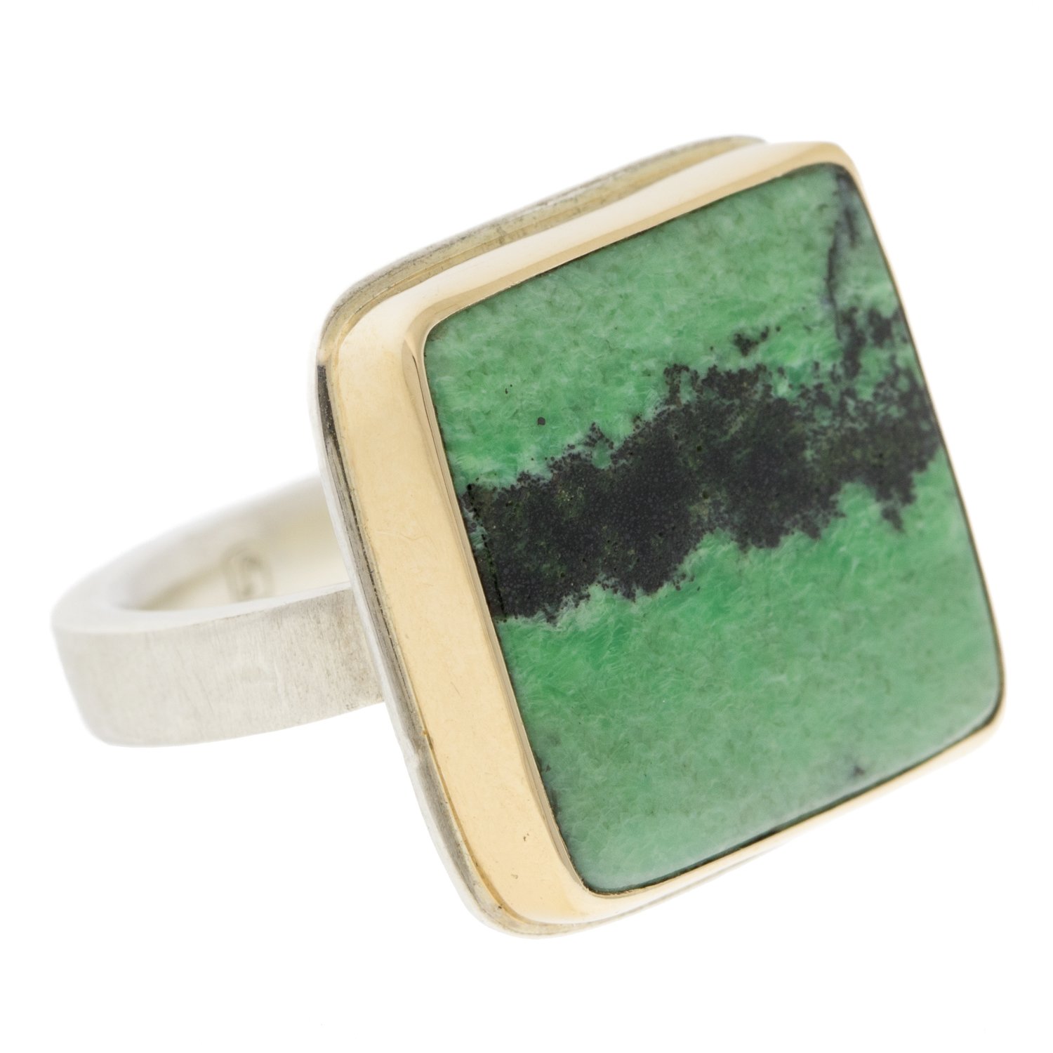 Jamie Joseph: SS & 14k Gold Ring w/ Square Smooth Grossular Garnet on X band