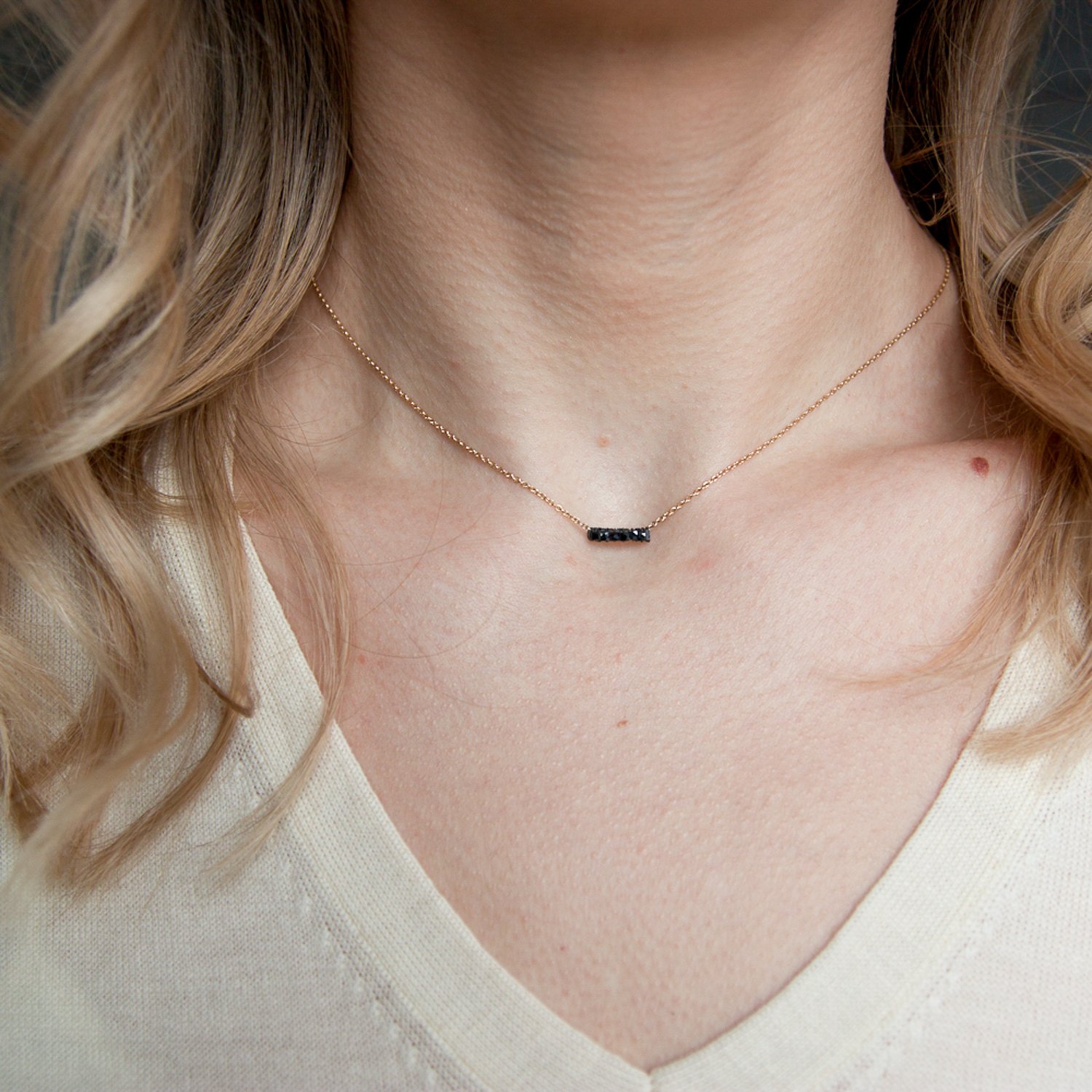 Dana Kellin Fine: 14k Gold Necklace w/ Small Black Diamond Bar