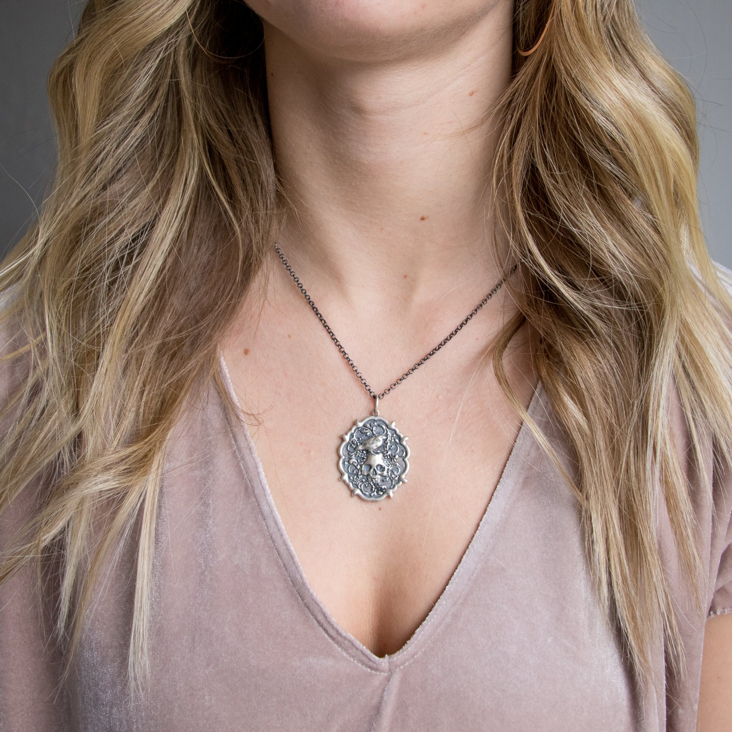 Erica Molinari Trunk Show: Charm, Ruffled, Large, Raven and Skull, "once upon a midnight dreary, while I wept cold and weary" Edgar Allan Poe, Sterling Silver