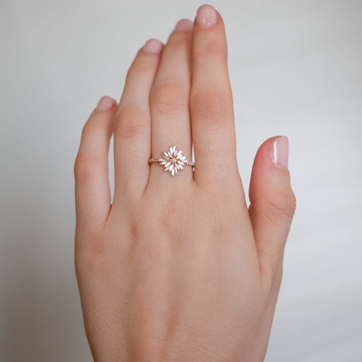 Suzanne Kalan: 18K Yello Gold OOAK ring  .30 ct. Rose Cut Center Diamond Baguette .08 ct. Round White Diamond on firework Setting sz 6.5