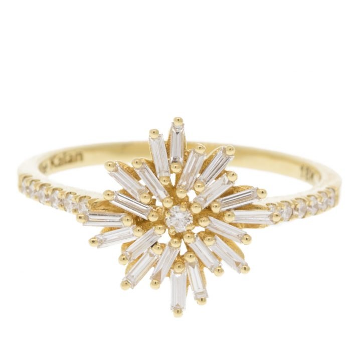 Suzanne Kalan: 18K Yello Gold OOAK ring  .30 ct. Rose Cut Center Diamond Baguette .08 ct. Round White Diamond on firework Setting sz 6.5