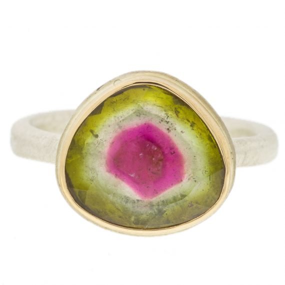 gold and silver ring with watermelon tourmaline by jewelry designer Jamie Joseph