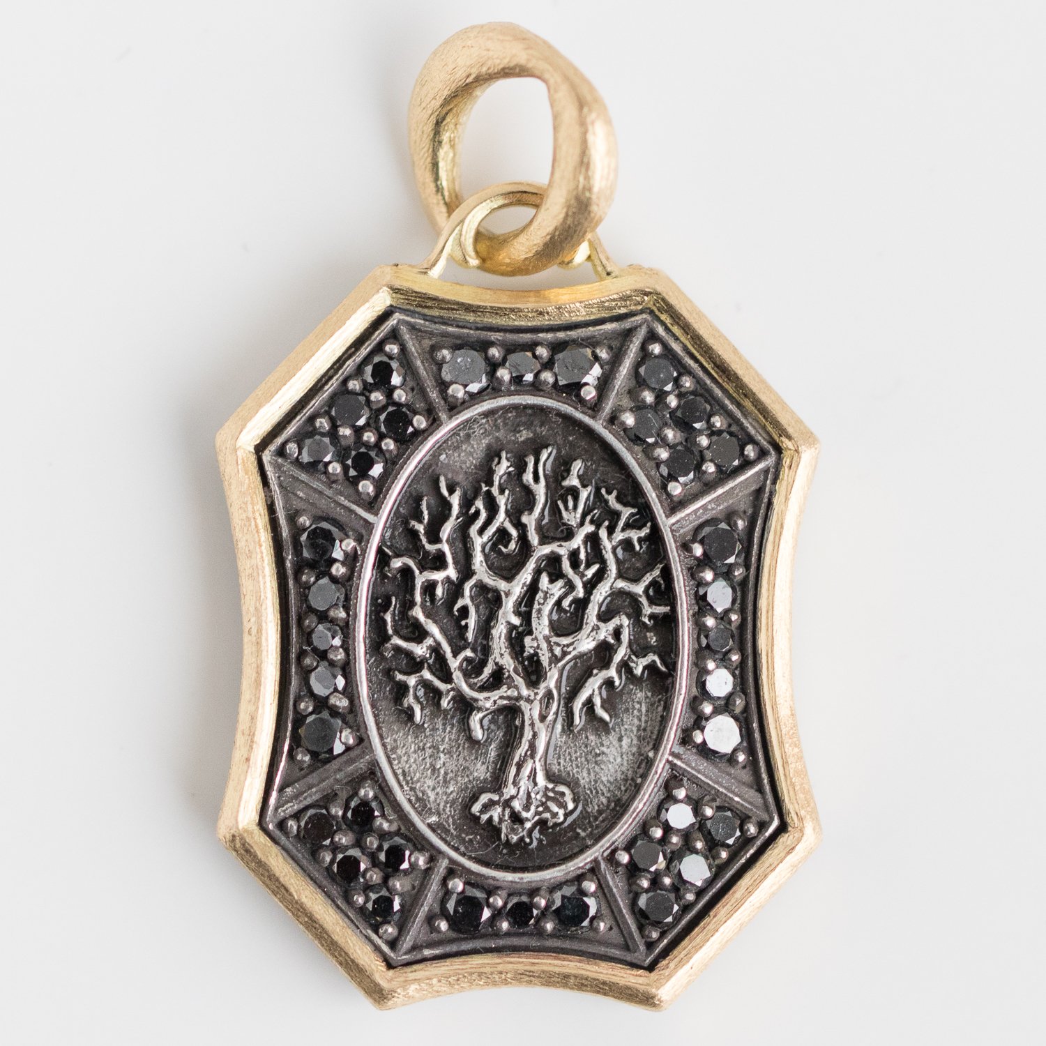 Erica Molinari Trunk Show: SS and 18K black diamond shield with family tree .60 TCW