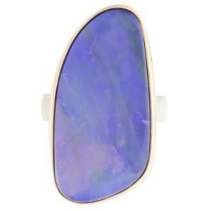 Jamie Joseph: Sterling & 14K gold ring w/ large vertical asymmetrical Boulder opal on comfort fit band size 8