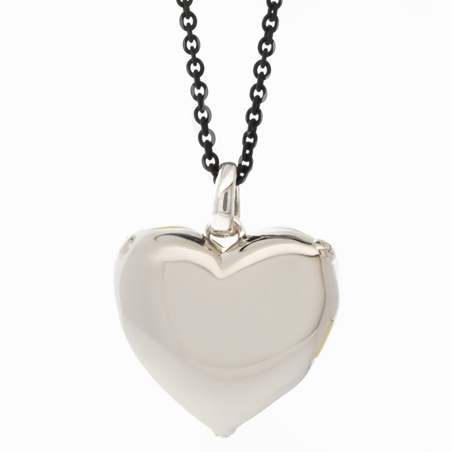 Monica Rich Kosann: Sterling silver & 18k yellow gold heart locket w diamond accents on a 32" black steel chain .025cts
