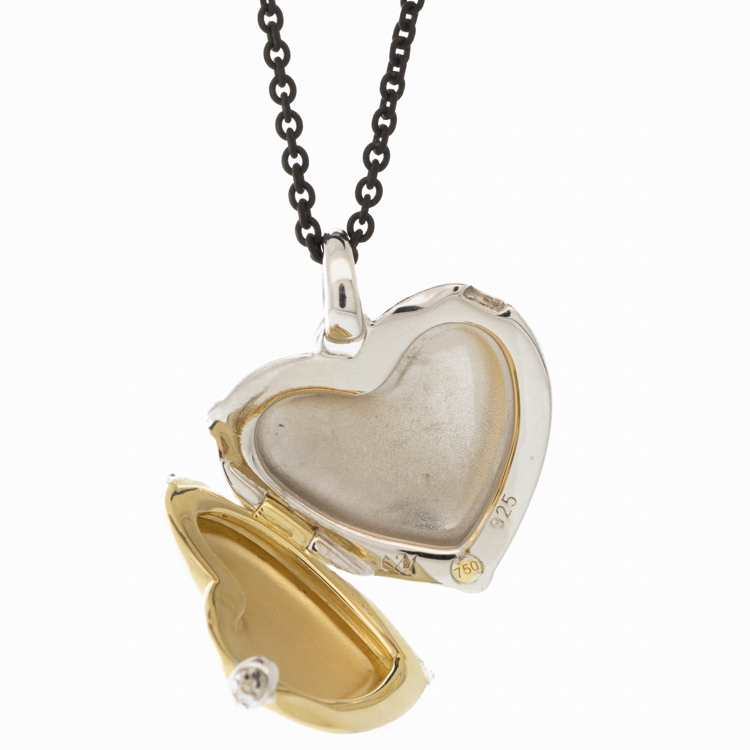 Monica Rich Kosann: Sterling silver & 18k yellow gold heart locket w diamond accents on a 32" black steel chain .025cts