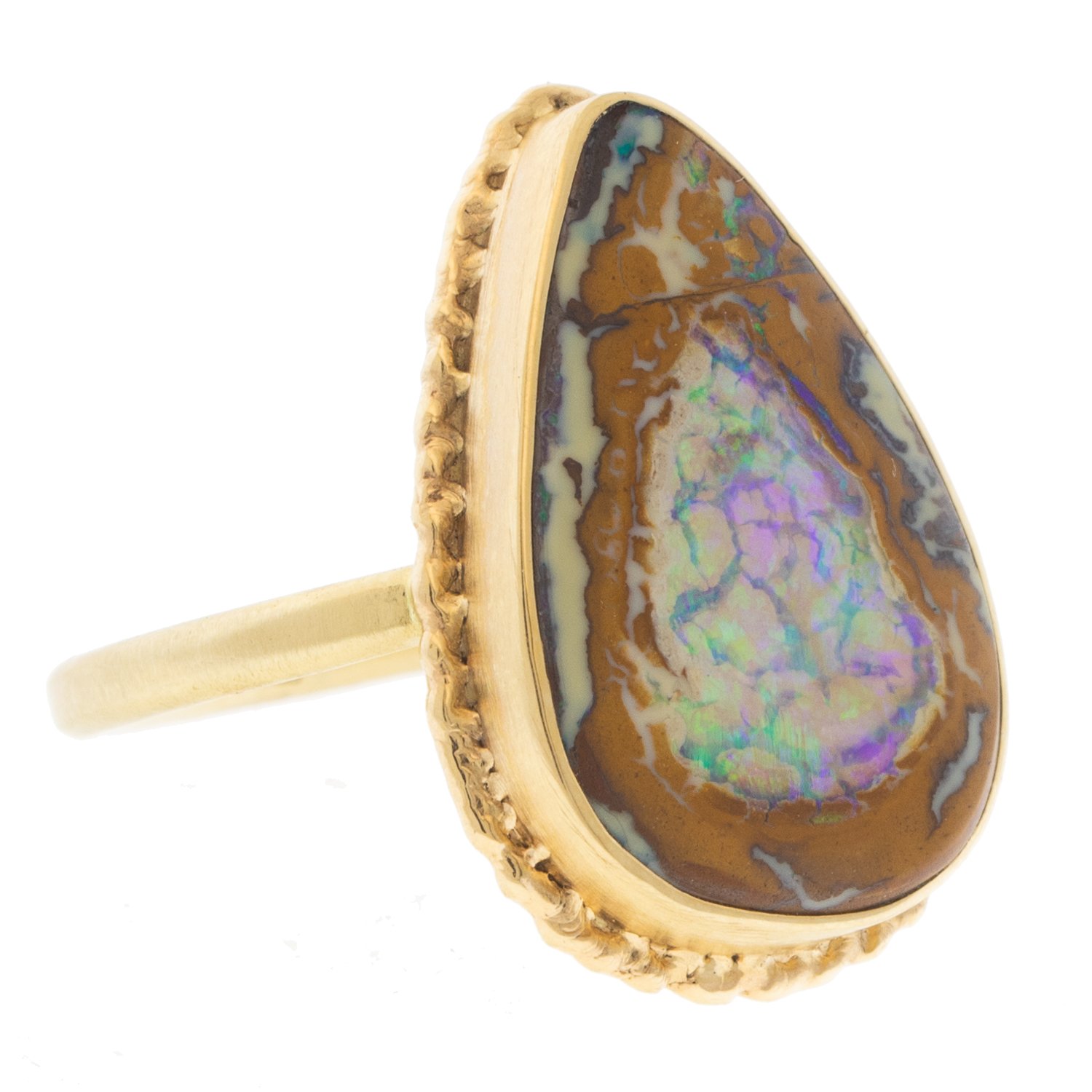 Jamie Joseph: Sterling & 14K gold ring w/ vertical teardrop yowah nut boulder opal on ruffled platform and sand band sz 7