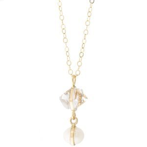 gold necklace with herkimer diamond and pearl by jewelry designer melissa joy manning