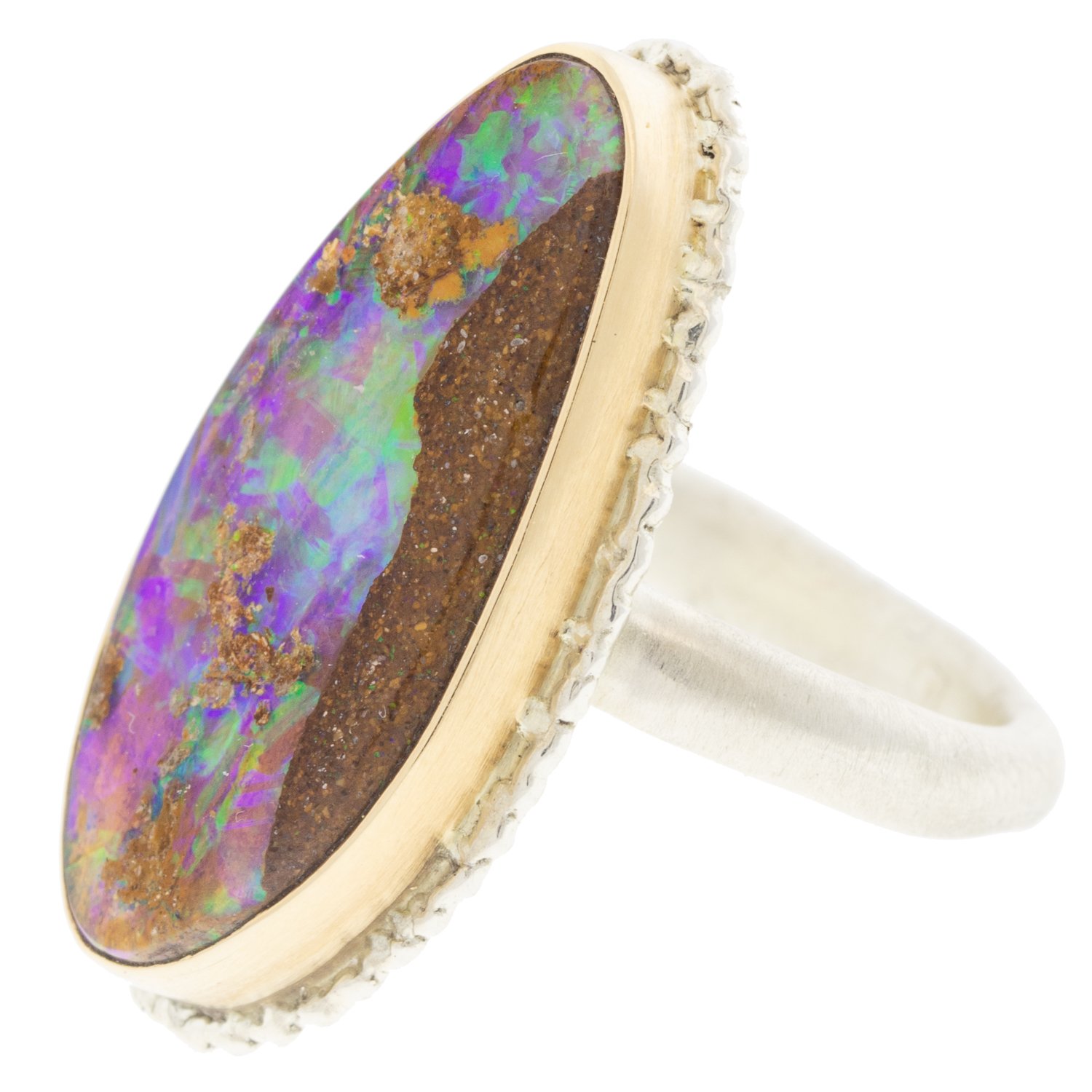 Jamie Joseph: SS & 14k gold ring with vertical asymmetrical opalized wood on organic band