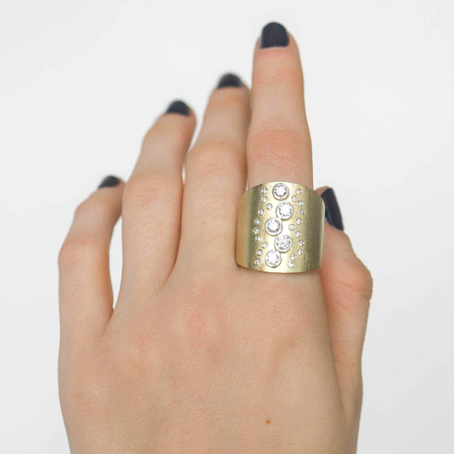 Rene Escobar Trunk Show : Ring, ADELLE, 18K YELLOW Gold, Diamonds .90ct, Sterling SILVER sparkle.