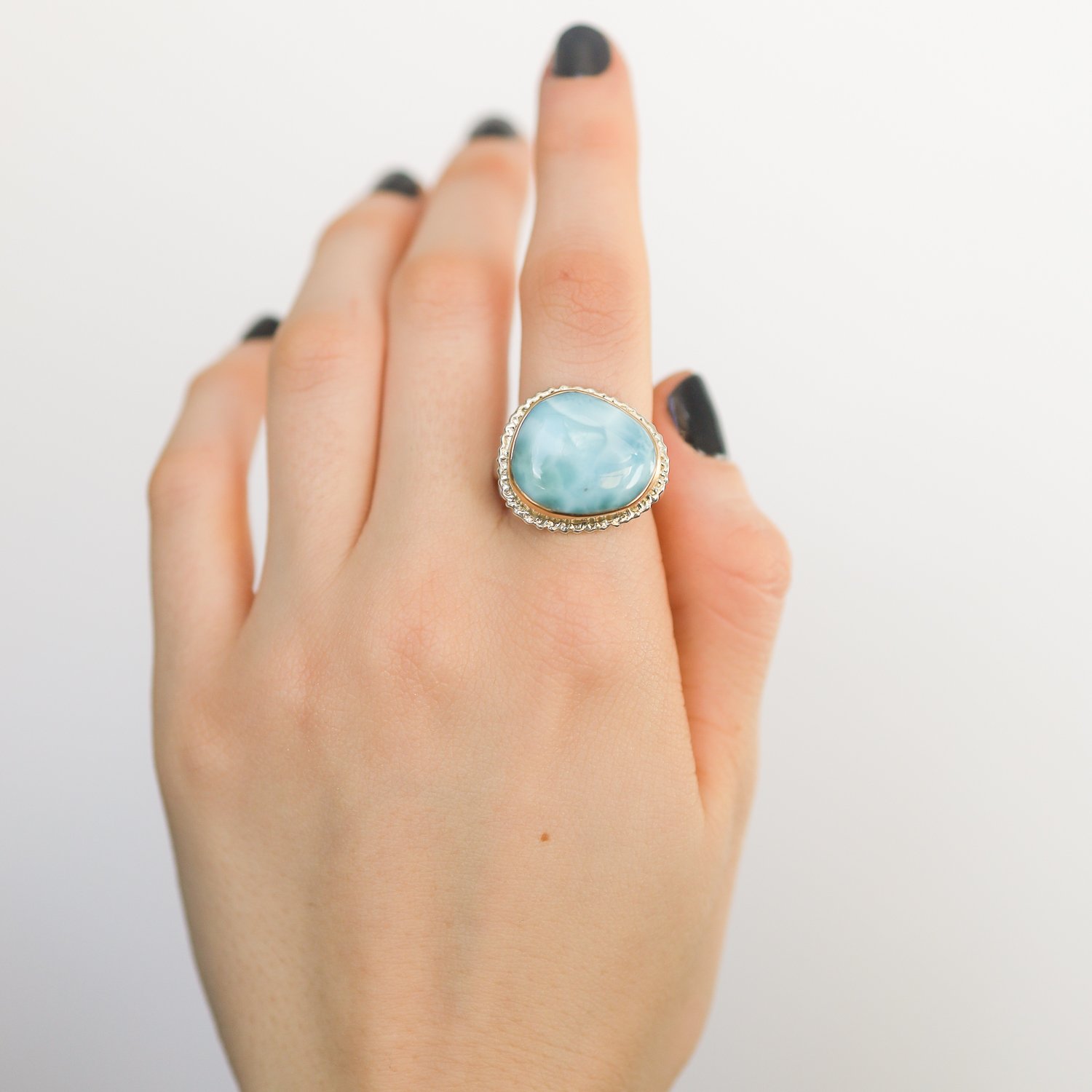 Jamie Joseph: SS & 14k Gold Ring w/asymmetrical smooth larimar on lava platform & organic band,sz 7