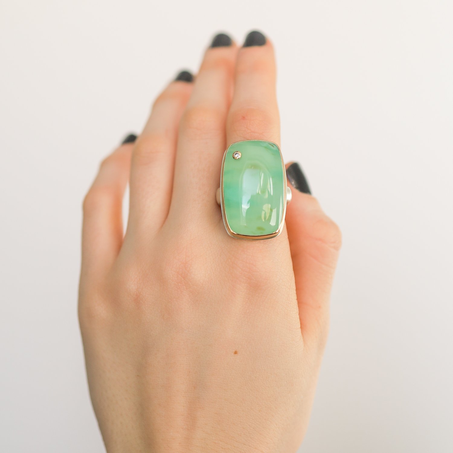 Jamie Joseph: SS & 14k Gold Ring w/large vertical rectangular Chrysoprase & .03ct diamond on groovy band,sz 7.5