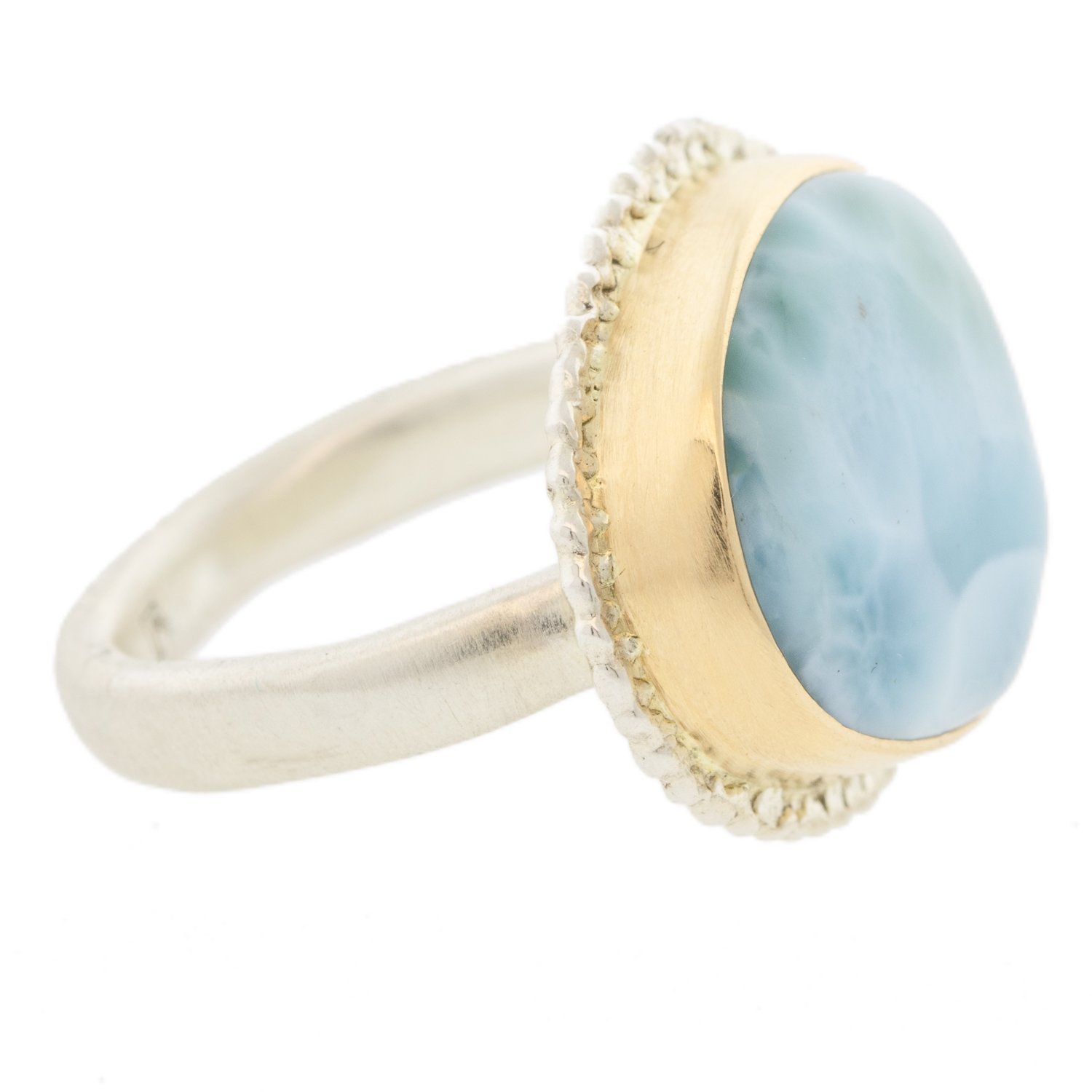 Jamie Joseph: SS & 14k Gold Ring w/asymmetrical smooth larimar on lava platform & organic band,sz 7