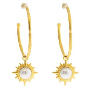 Catherine Canino: 18K matte gold over brass bamboo textured hoop earring with starburst and pearl detatchable drop