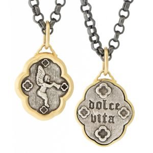 Erica Molinari:MEMO Charm, Ruffled Medalion with Trumpeting Angel, Small Size, "The Sweet Life", Sterling Silver, 18K Gold.