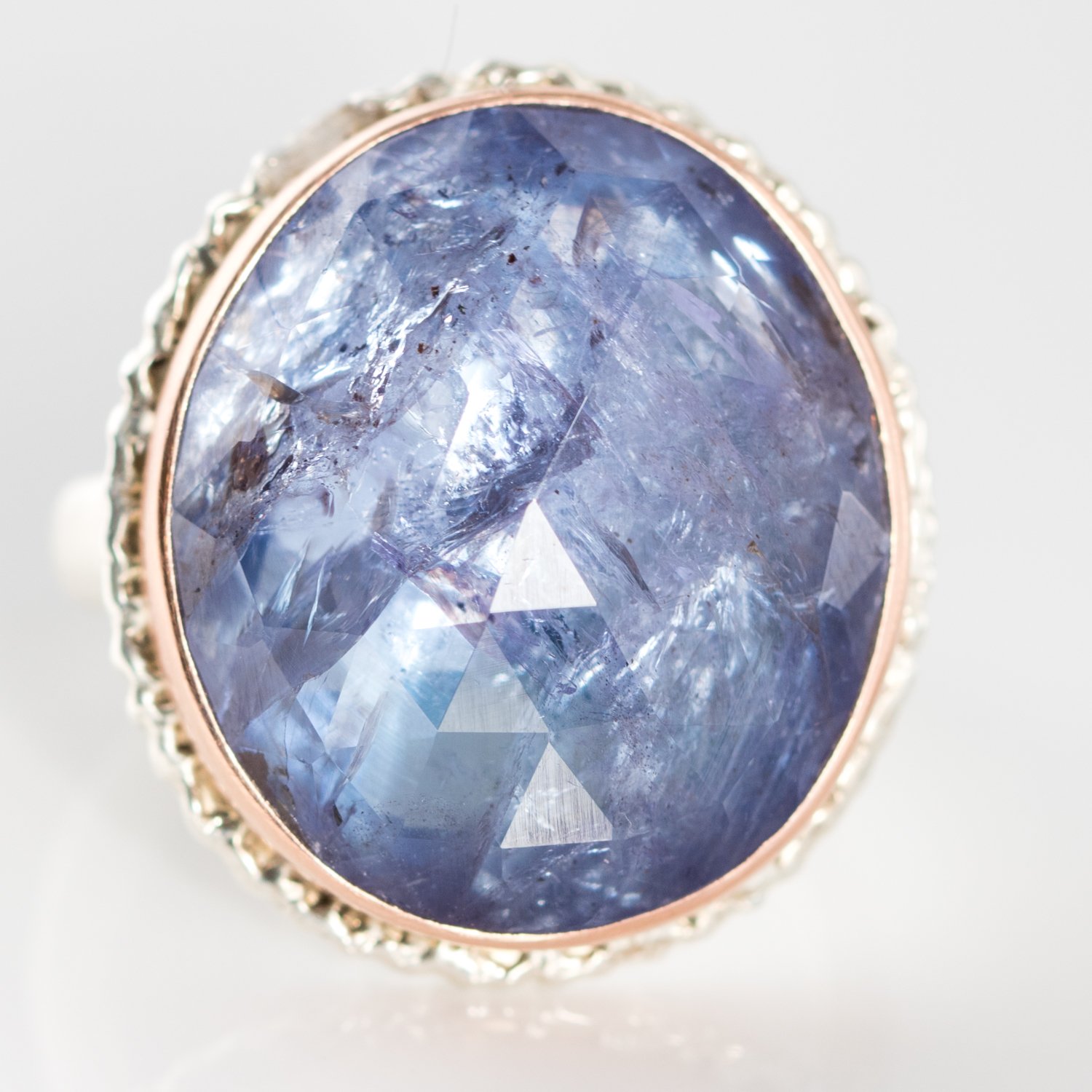 Jamie Joseph: Sterling & 14K Rose Gold Ring w/ Vertical Oval Rose Cut TANZANITE on Lava Platform and Organic Band