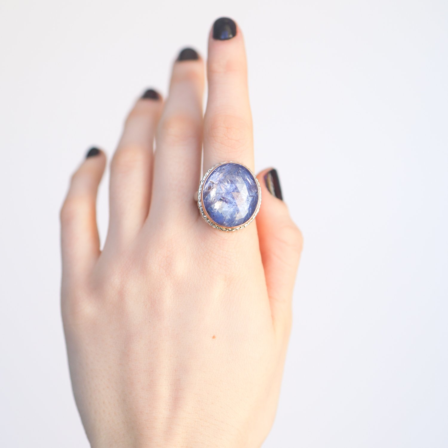 Jamie Joseph: Sterling & 14K Rose Gold Ring w/ Vertical Oval Rose Cut TANZANITE on Lava Platform and Organic Band