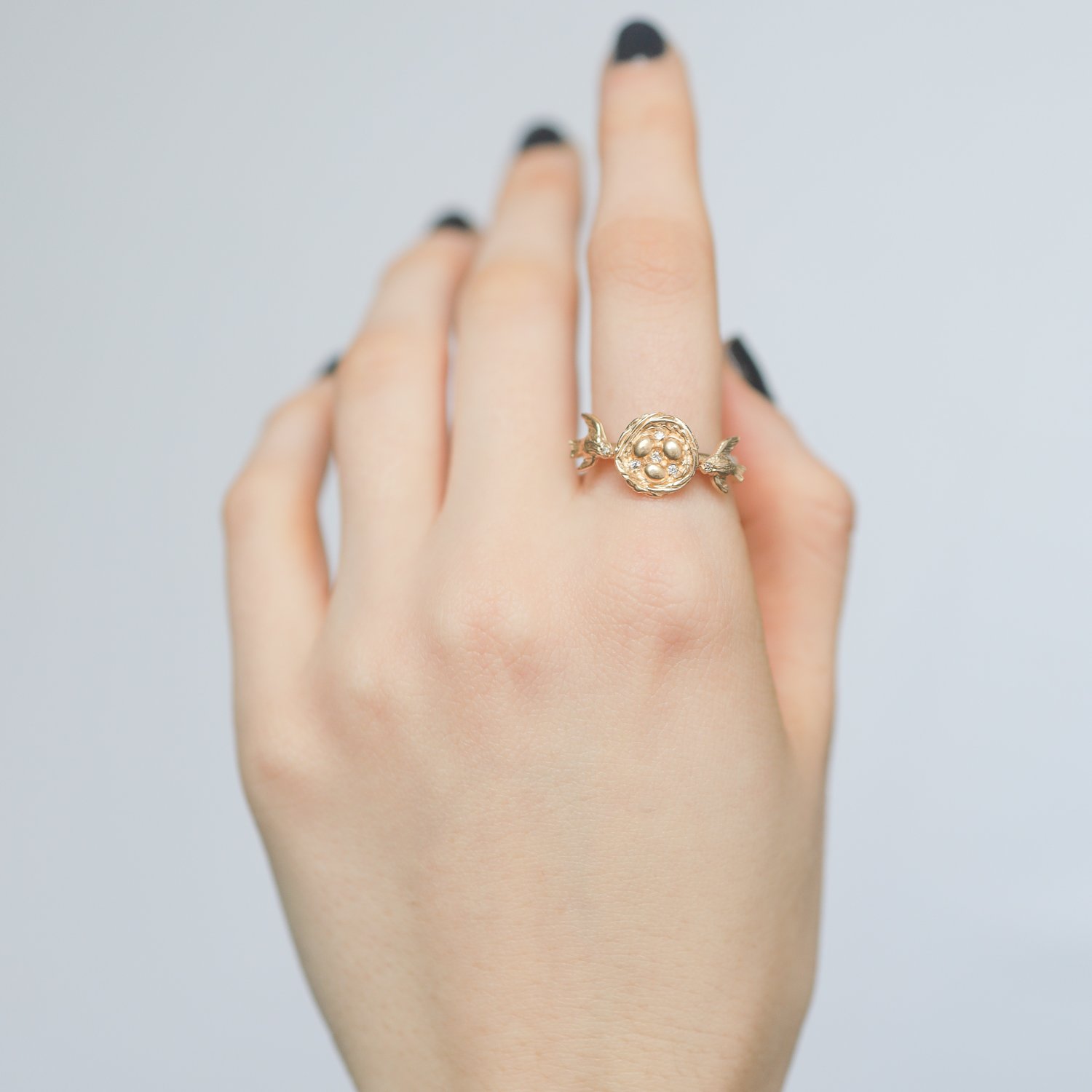Victoria Cunningham: Ring, Nest and Birds, Diamonds, 14K Yellow Gold.