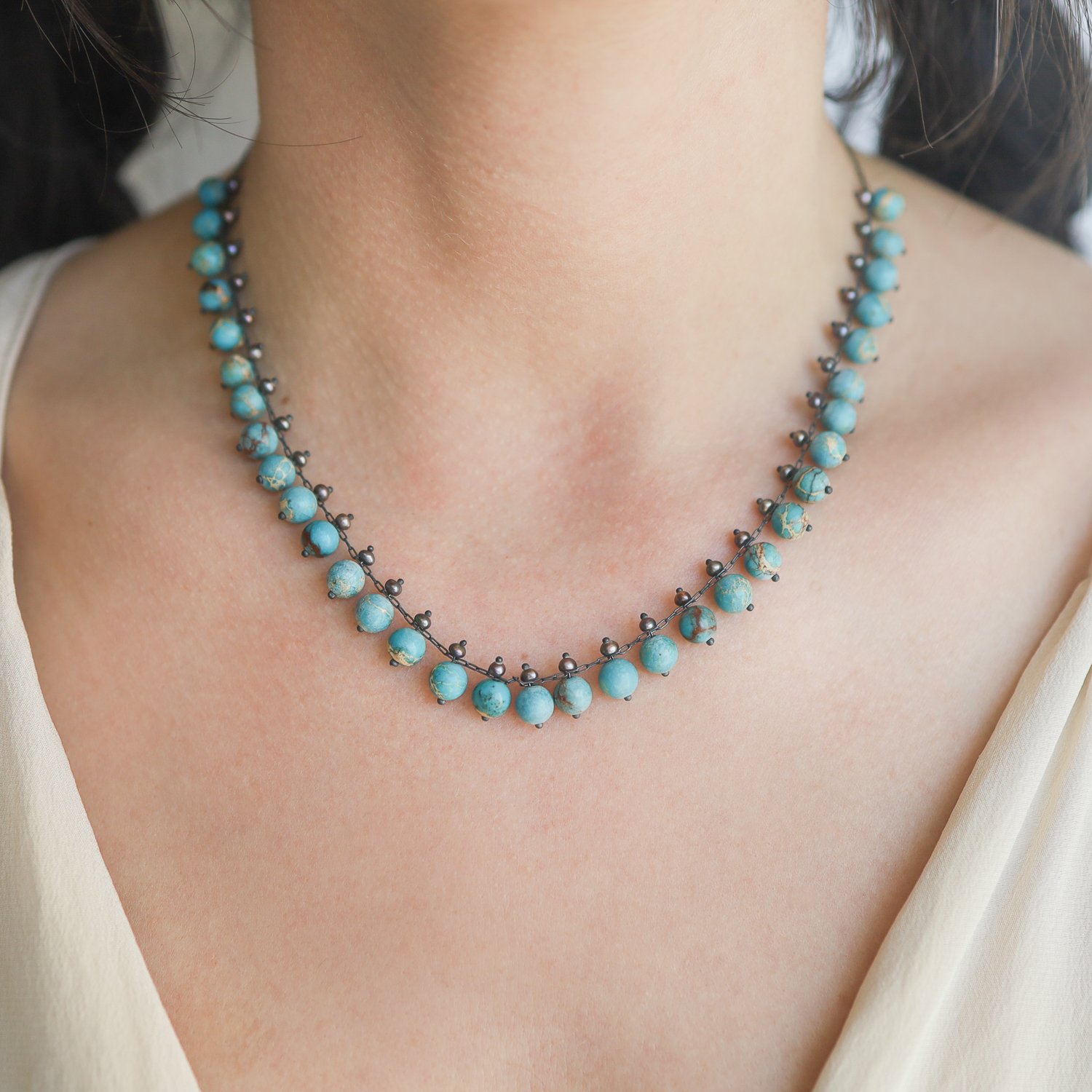 Ten Thousand Things: SS Beaded Black & Turquoise Choker