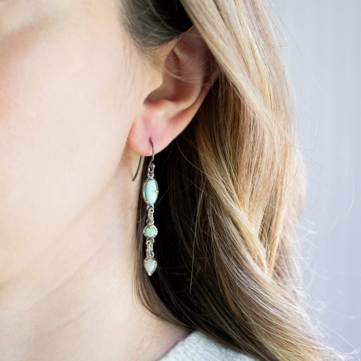 Robindira: Fashion earrings oxidized SS, 14K gold vermeil, abalone, turquoise, opal, white topaz