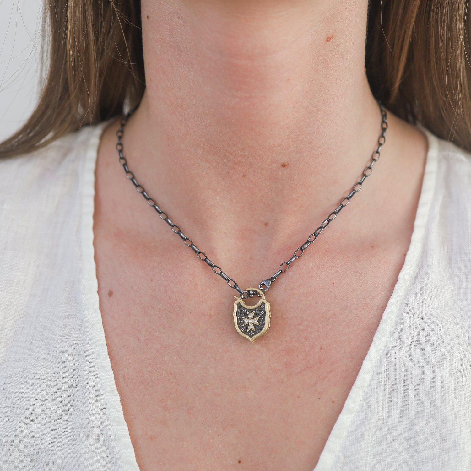 Erica Molinari Trunk Show: SS and 18K baby maltese cross padlock-"seize the day" with gold hinge