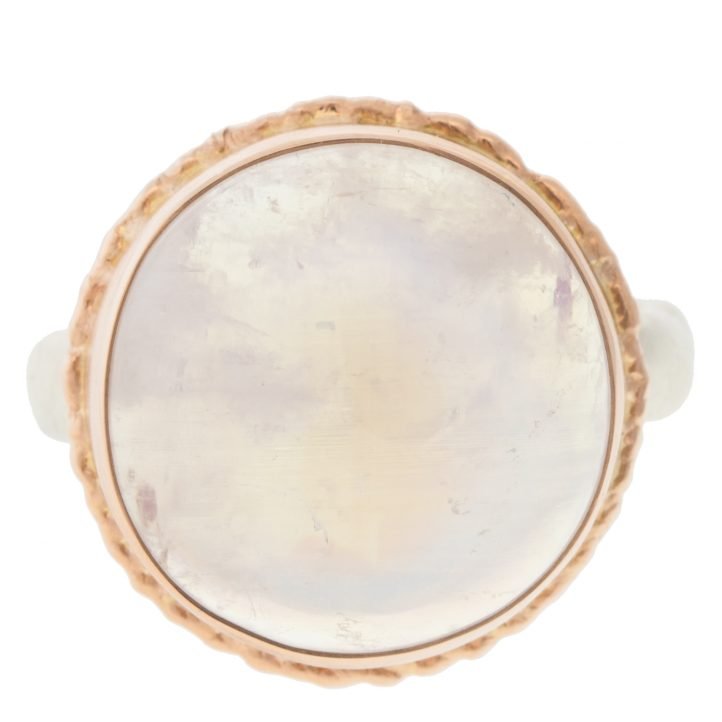 Jamie Joseph: SS & 14K rose gold ring w/ open back round smooth white rainbow moonstone on ruffled platform and middle groovy band