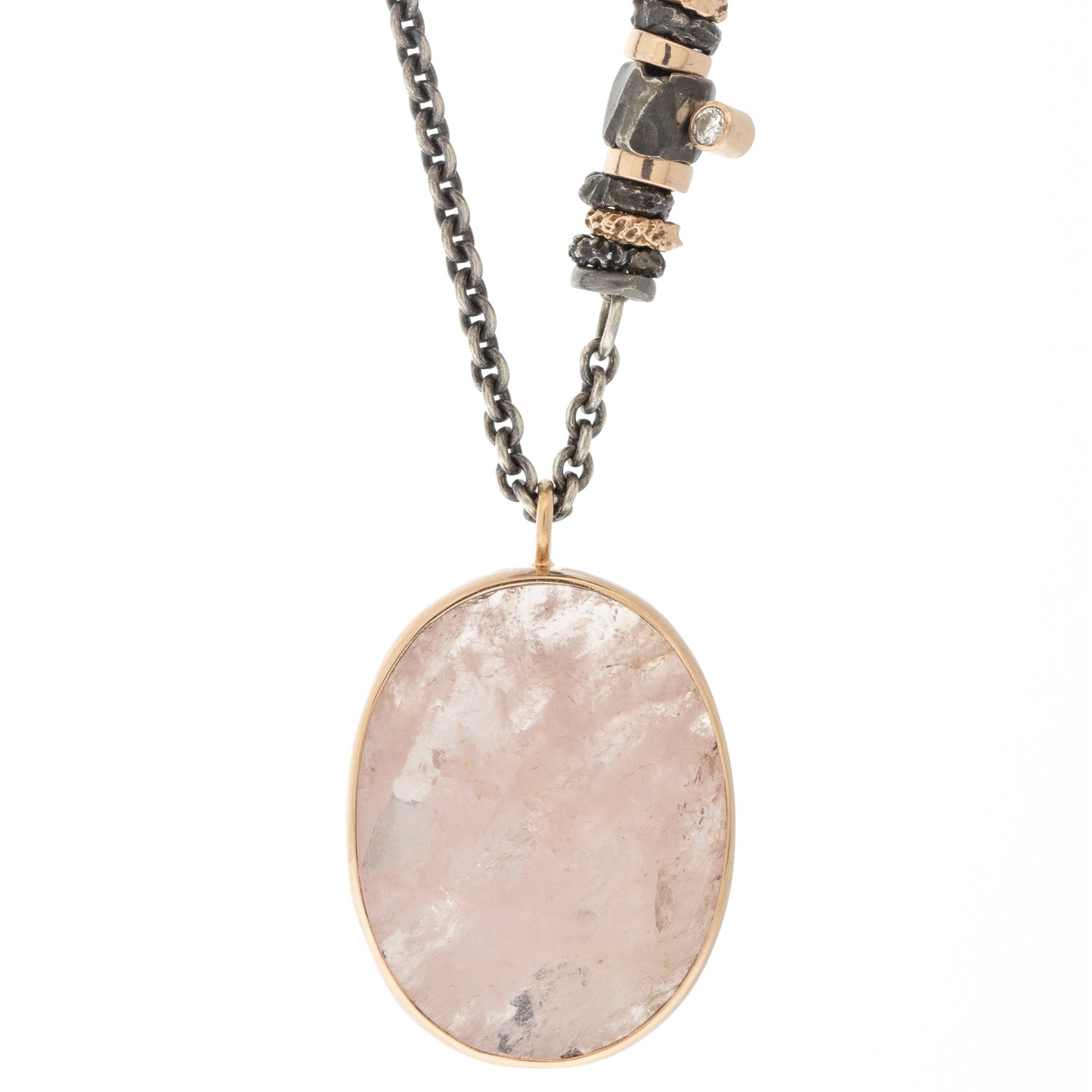 Jamie Joseph: Oxidized Sterling & 14K Rose Gold Long Convertible Necklace w/ Oval Rose Cut MORGANITE in Sterling Backed Gold Bezel w/ 0.03 ct Double Sided Diamond Accent (0.06 TCW) & Multiple Sliding Rings (17.5/32.5")