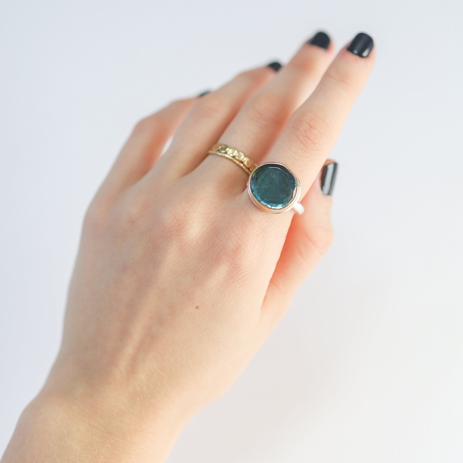 Jamie Joseph: Ring, Oval Table Up Blue Green Tourmaline, Middle Organic Band, Sterling Silver, 14K Gold, Size 7