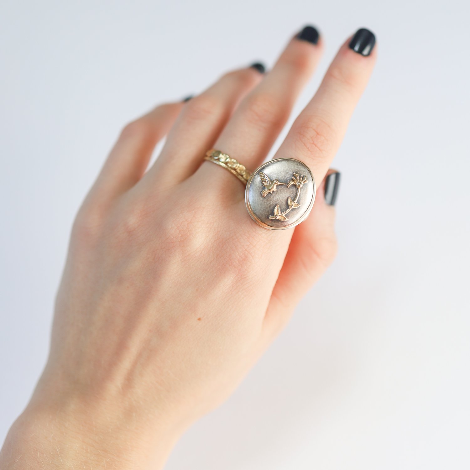 Jamie Joseph: Ring, Hummingbird and Honeysuckle, Vertical Asymmetrical Open Back Platform, Hidden Diamond .025ct Flower Charm