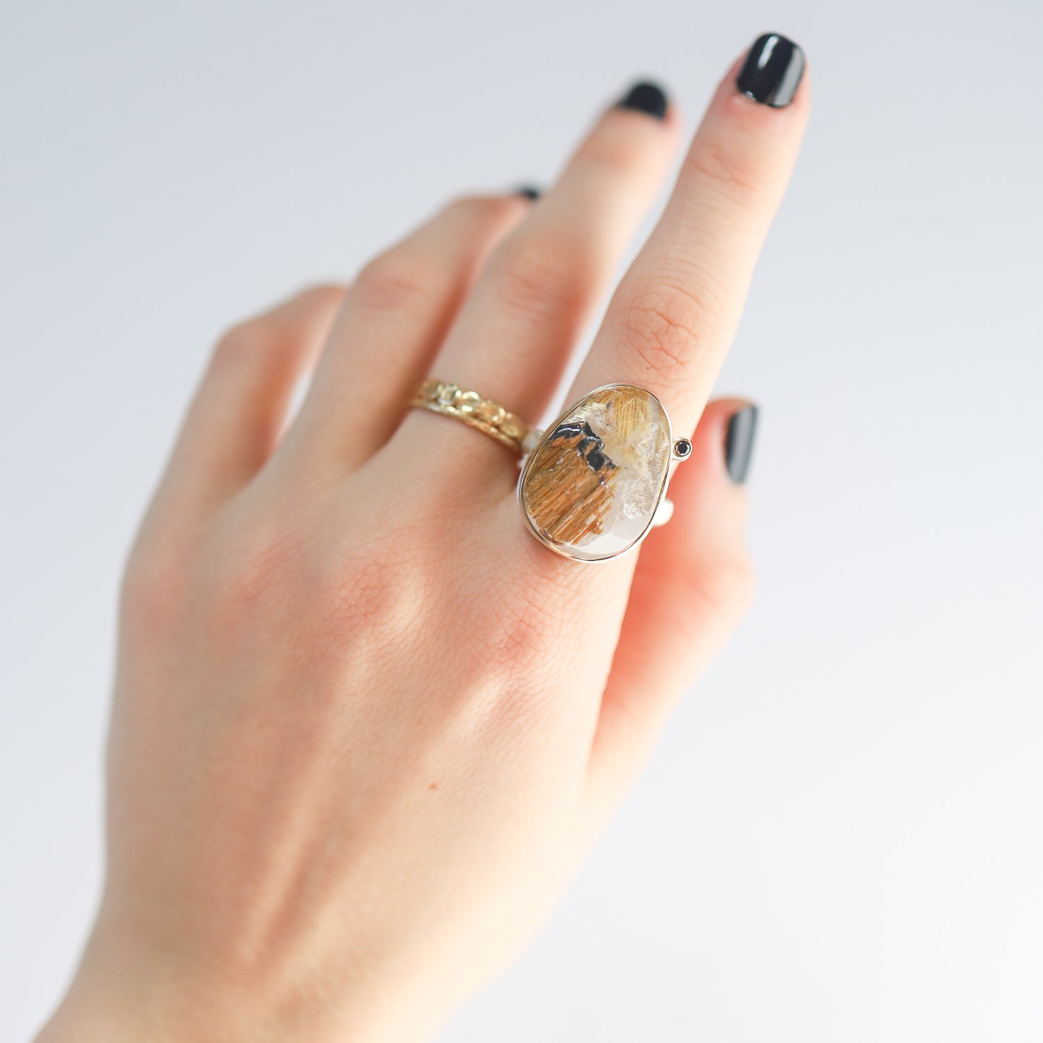 Jamie Joseph: Ring, Vertical Asymmetrical Surface Cut Golden Rutilated Quartz, Black Satellite Diamond .03ct, Middle Groovy Band, Sterling Silver, 14K Gold, Size 7.5