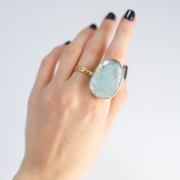 Jamie Joseph: Ring, Large Vertical Asymmetrical Rose Cut Aquamarine, Comfort Band, Sterling Silver, 14K Gold, Size 7.75