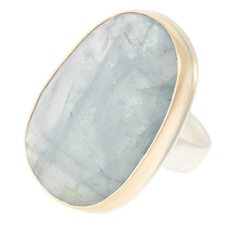 Jamie Joseph: Ring, Large Vertical Asymmetrical Rose Cut Aquamarine, Comfort Band, Sterling Silver, 14K Gold, Size 7.75
