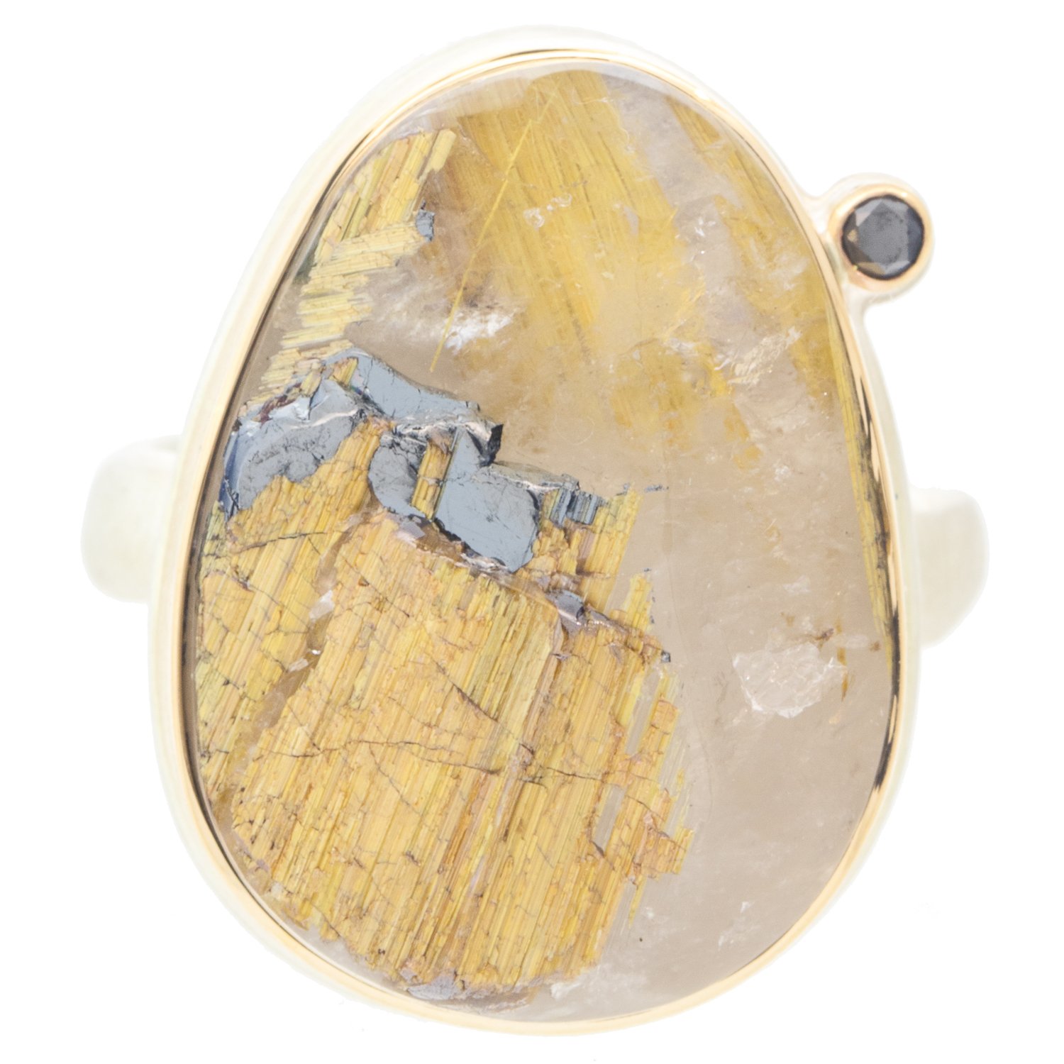Jamie Joseph: Ring, Vertical Asymmetrical Surface Cut Golden Rutilated Quartz, Black Satellite Diamond .03ct, Middle Groovy Band, Sterling Silver, 14K Gold, Size 7.5