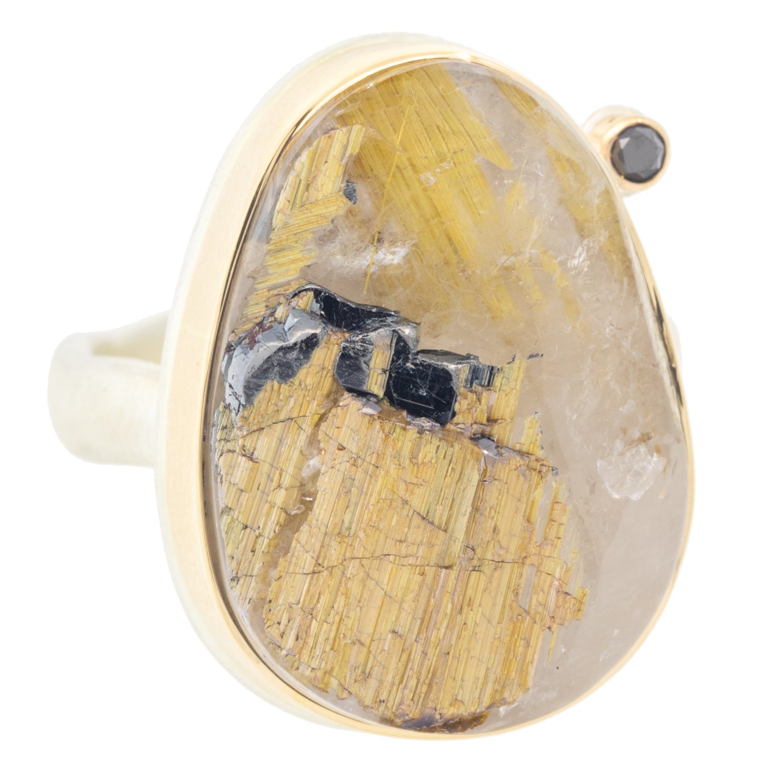 Jamie Joseph: Ring, Vertical Asymmetrical Surface Cut Golden Rutilated Quartz, Black Satellite Diamond .03ct, Middle Groovy Band, Sterling Silver, 14K Gold, Size 7.5