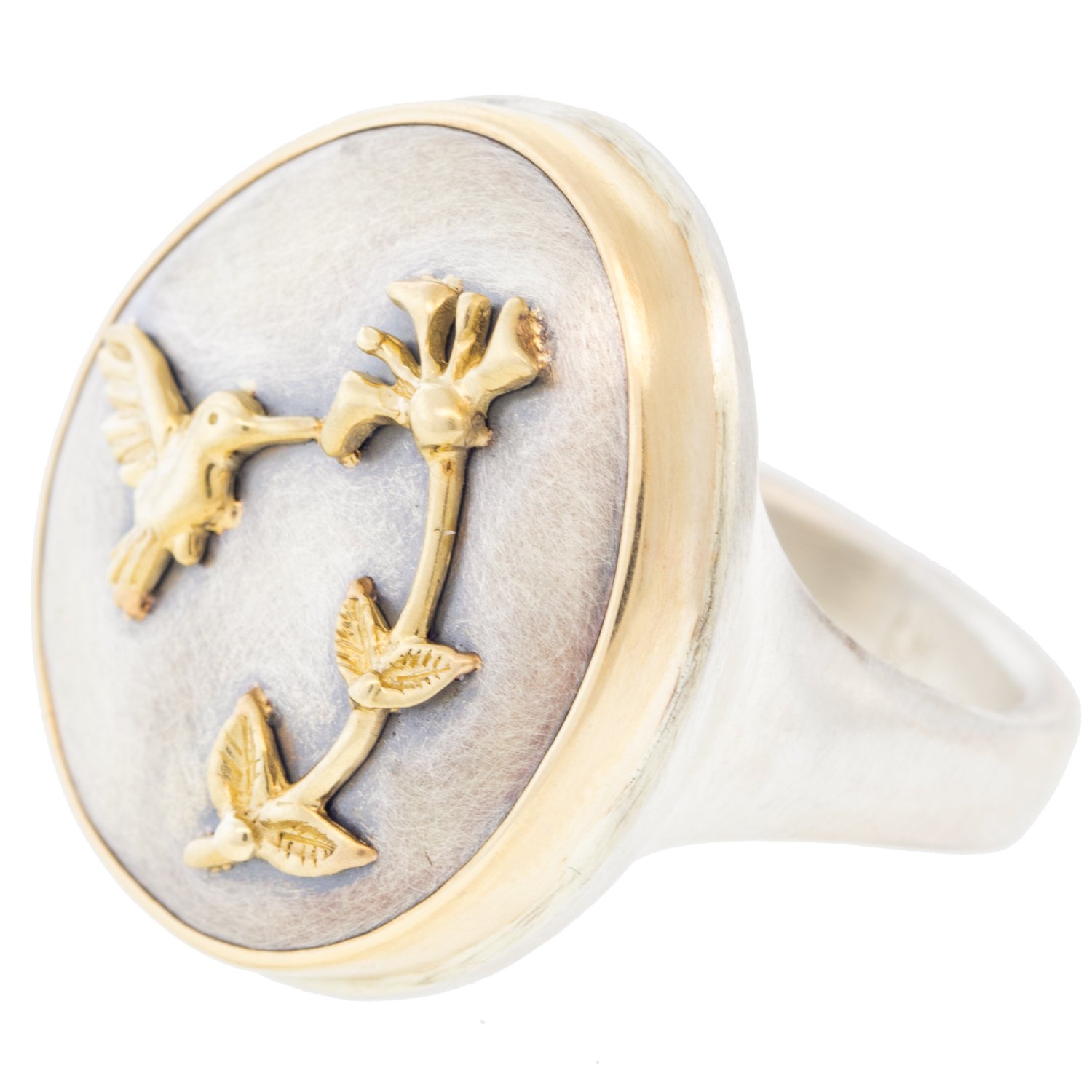 Jamie Joseph: Ring, Hummingbird and Honeysuckle, Vertical Asymmetrical Open Back Platform, Hidden Diamond .025ct Flower Charm