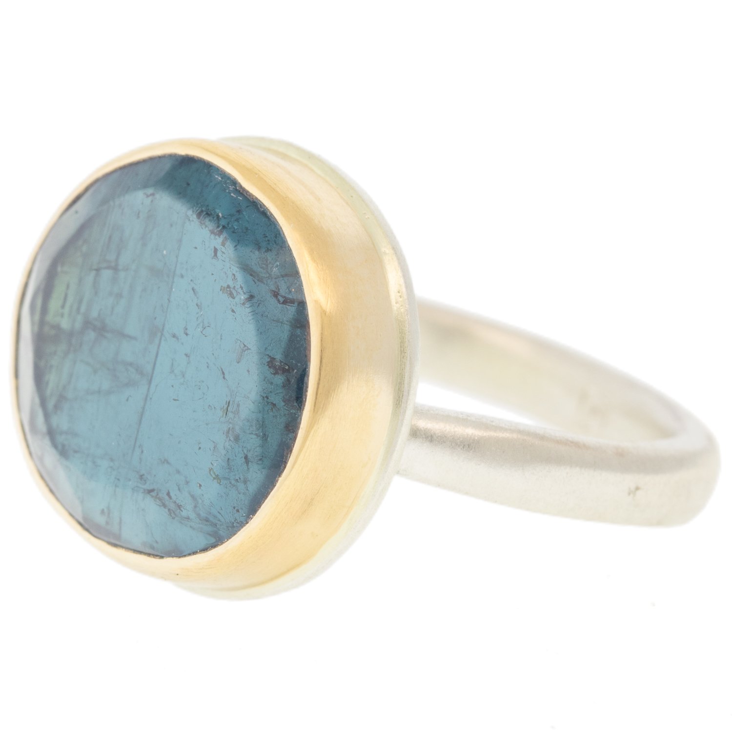 Jamie Joseph: Ring, Oval Table Up Blue Green Tourmaline, Middle Organic Band, Sterling Silver, 14K Gold, Size 7