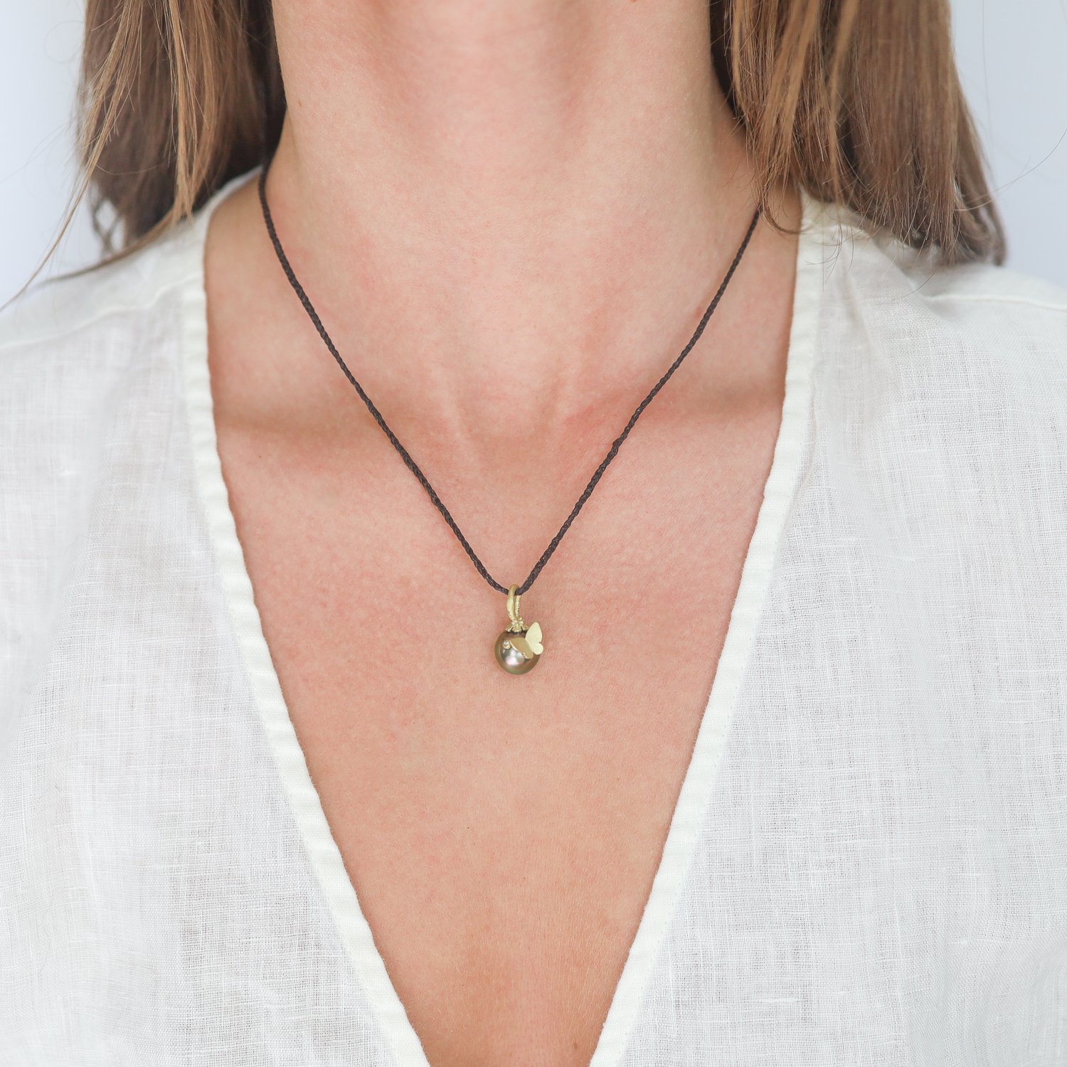 Lene Vibe: Necklace, Tahitian Pearl, Flower, Diamond .01ct, 18K gold.
