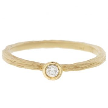 Victoria Cunningham: Ring, Round Solitaire Diamond, Textured band, 14K yellow gold